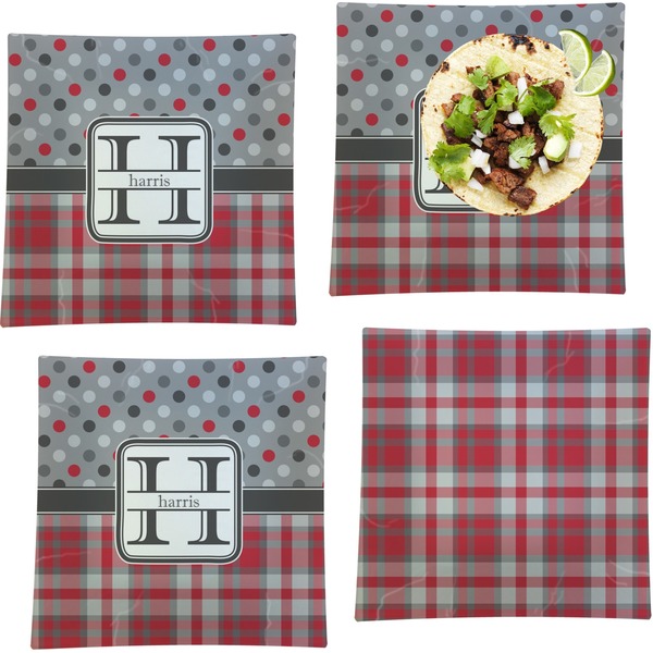 Custom Red & Gray Dots and Plaid Set of 4 Glass Square Lunch / Dinner Plate 9.5" (Personalized)