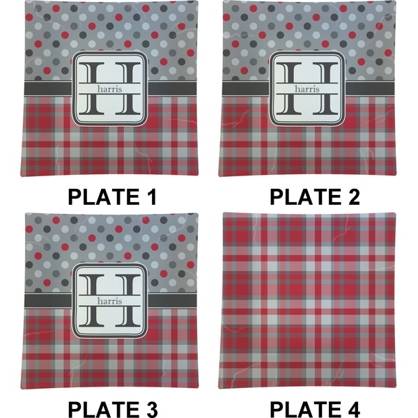 Red & Gray Dots and Plaid Set of Square Dinner Plates (Approval)