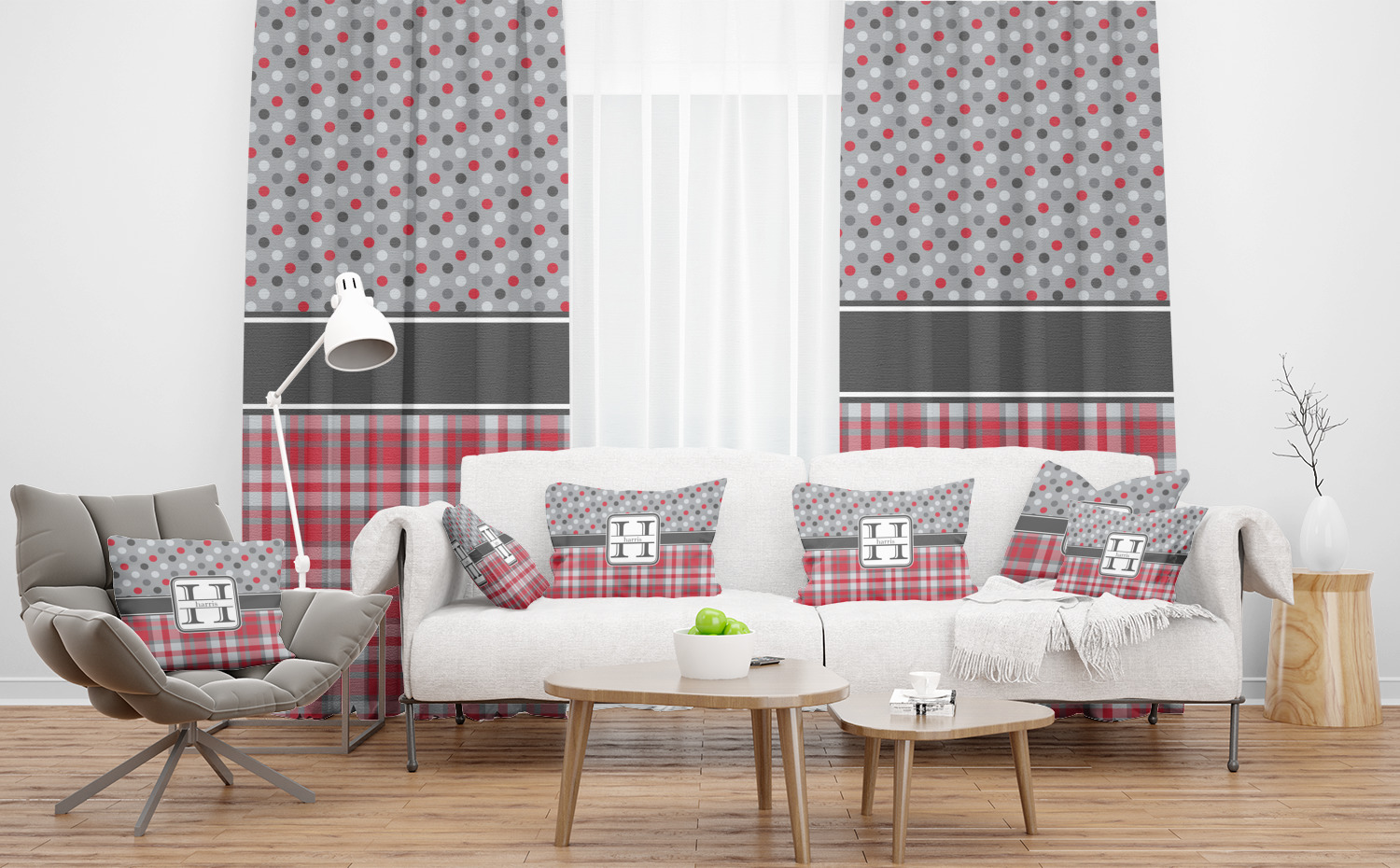 Red & Gray Dots and Plaid Sheer Curtains (Personalized) YouCustomizeIt