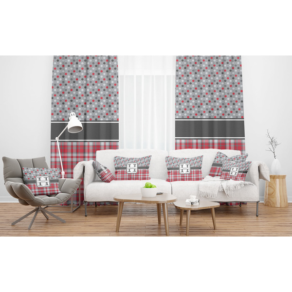 Red & Gray Dots and Plaid Sheer and Custom Curtains in Room with Matching Pillows