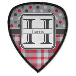 Red & Gray Dots and Plaid Iron on Shield Patch A w/ Name and Initial