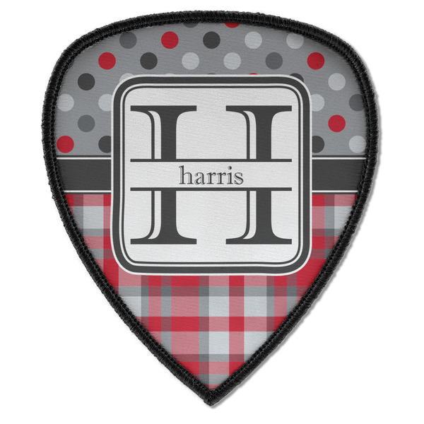 Custom Red & Gray Dots and Plaid Iron on Shield Patch A w/ Name and Initial