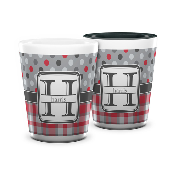 Custom Red & Gray Dots and Plaid Ceramic Shot Glass - 1.5 oz (Personalized)
