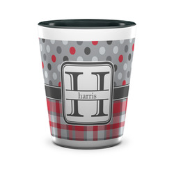 Red & Gray Dots and Plaid Ceramic Shot Glass - 1.5 oz - Two Tone - Set of 4 (Personalized)