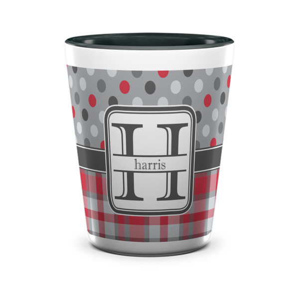 Custom Red & Gray Dots and Plaid Ceramic Shot Glass - 1.5 oz - Two Tone - Set of 4 (Personalized)