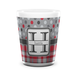 Red & Gray Dots and Plaid Ceramic Shot Glass - 1.5 oz - White - Single (Personalized)