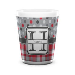 Red & Gray Dots and Plaid Ceramic Shot Glass - 1.5 oz - White - Set of 4 (Personalized)