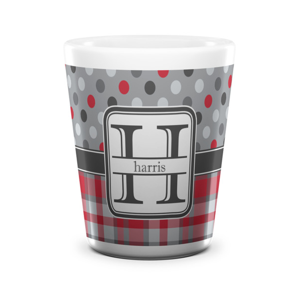 Custom Red & Gray Dots and Plaid Ceramic Shot Glass - 1.5 oz - White - Single (Personalized)
