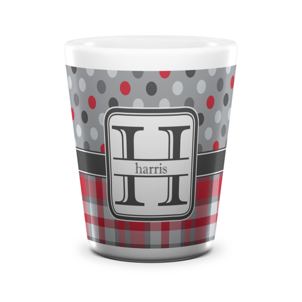Red & Gray Dots and Plaid Shot Glass - White - FRONT