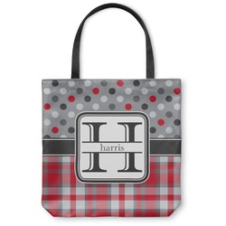 Red & Gray Dots and Plaid Canvas Tote Bag (Personalized)