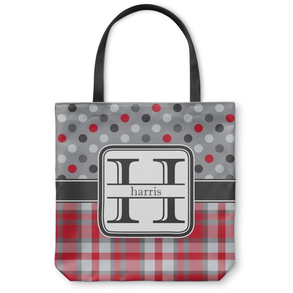 Custom Red & Gray Dots and Plaid Canvas Tote Bag - Large - 18"x18" (Personalized)