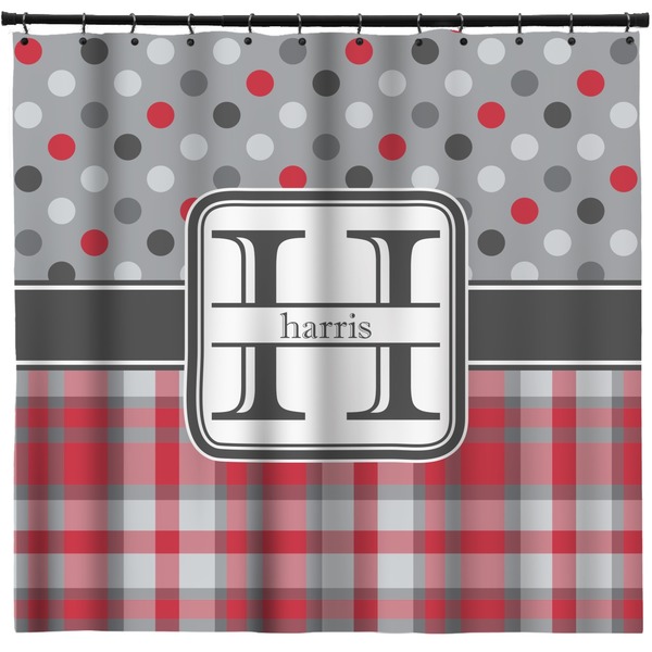 Custom Red & Gray Dots and Plaid Shower Curtain - 71" x 74" (Personalized)