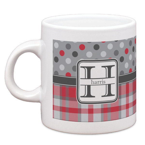 Custom Red & Gray Dots and Plaid Espresso Cup (Personalized)