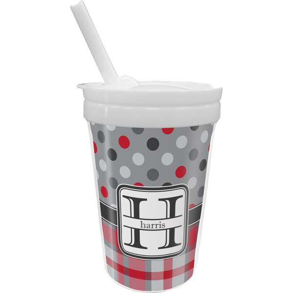 Custom Red & Gray Dots and Plaid Sippy Cup with Straw (Personalized)