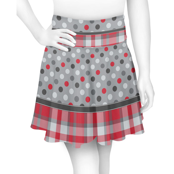 Custom Red & Gray Dots and Plaid Skater Skirt - Medium