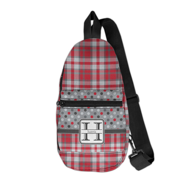 Custom Red & Gray Dots and Plaid Sling Bag (Personalized)