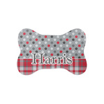Red & Gray Dots and Plaid Bone Shaped Dog Food Mat (Small) (Personalized)