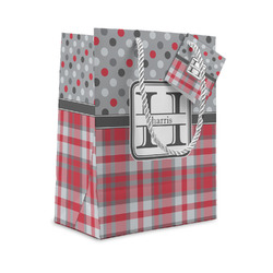 Red & Gray Dots and Plaid Small Gift Bag (Personalized)