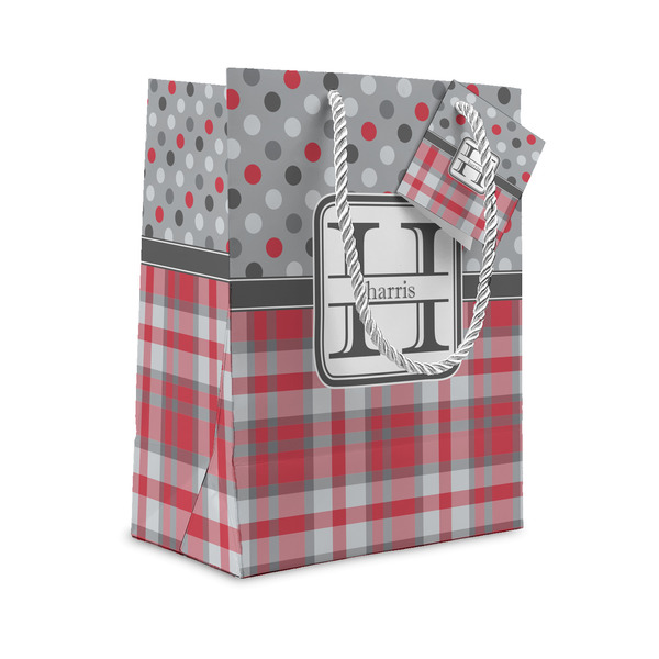 Custom Red & Gray Dots and Plaid Small Gift Bag (Personalized)
