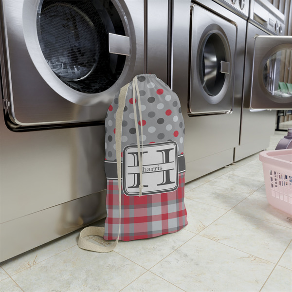 Red & Gray Dots and Plaid Small Landry Bag - In Context