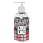 Red & Gray Dots and Plaid Plastic Soap / Lotion Dispenser (8 oz - Small - White) (Personalized)