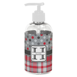 Red & Gray Dots and Plaid Plastic Soap / Lotion Dispenser (8 oz - Small - White) (Personalized)