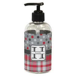 Red & Gray Dots and Plaid Plastic Soap / Lotion Dispenser (8 oz - Small - Black) (Personalized)