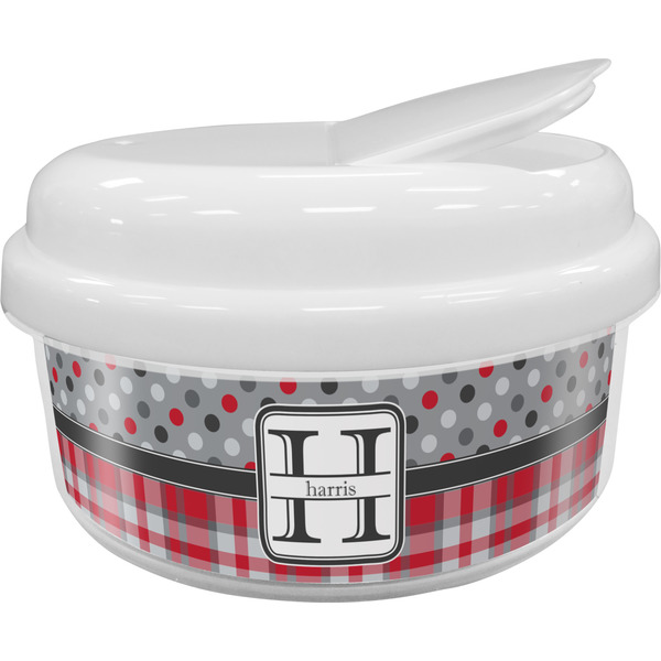 Custom Red & Gray Dots and Plaid Snack Container (Personalized)