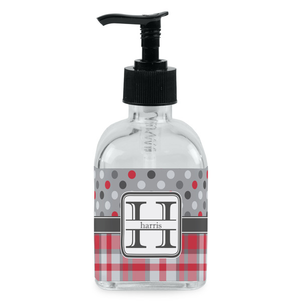 Custom Red & Gray Dots and Plaid Glass Soap & Lotion Bottle - Single Bottle (Personalized)