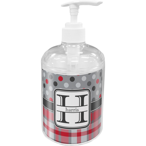 Custom Red & Gray Dots and Plaid Acrylic Soap & Lotion Bottle (Personalized)