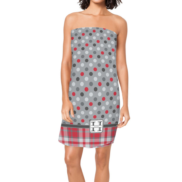 Custom Red & Gray Dots and Plaid Spa / Bath Wrap w/ Name and Initial