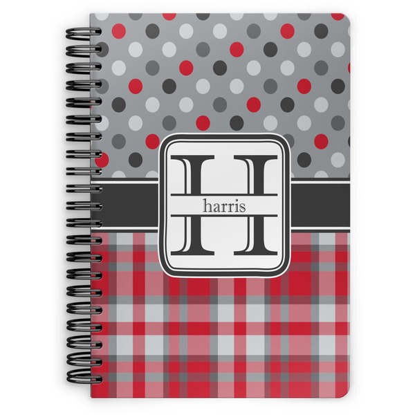 Custom Red & Gray Dots and Plaid Spiral Notebook - 7x10 w/ Name and Initial