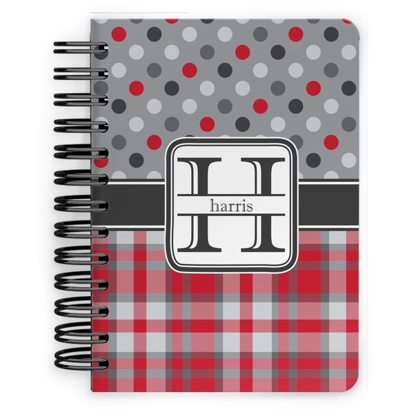 Custom Red & Gray Dots and Plaid Spiral Notebook - 5x7 w/ Name and Initial