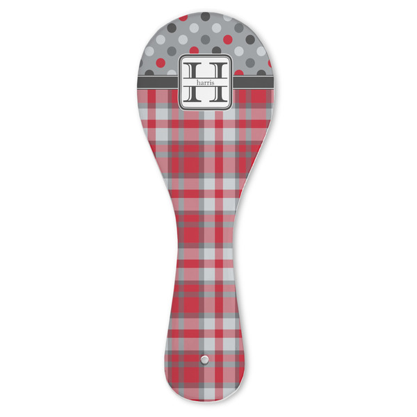 Custom Red & Gray Dots and Plaid Ceramic Spoon Rest (Personalized)