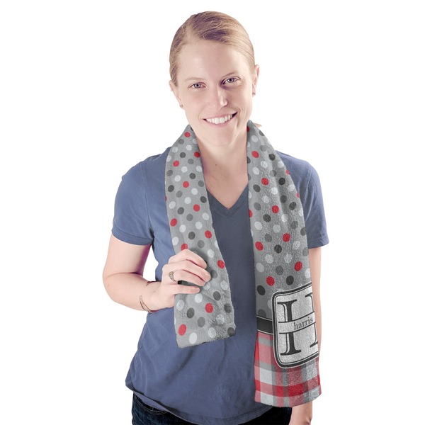 Red & Gray Dots and Plaid Sport Towel - Exercise use - Model