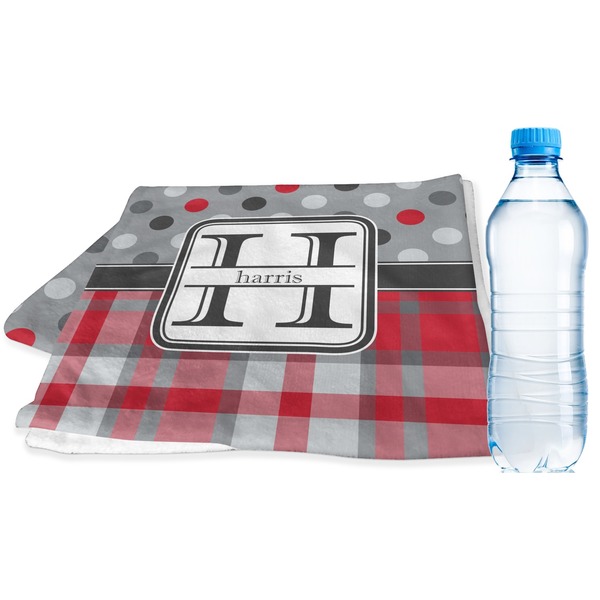 Custom Red & Gray Dots and Plaid Sports & Fitness Towel (Personalized)