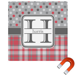 Red & Gray Dots and Plaid Square Car Magnet - 6" (Personalized)