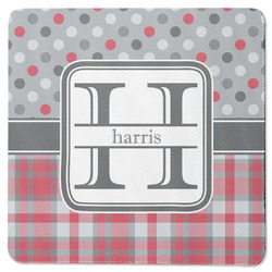 Red & Gray Dots and Plaid Square Rubber Backed Coaster (Personalized)