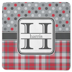 Red & Gray Dots and Plaid Square Rubber Backed Coaster (Personalized)