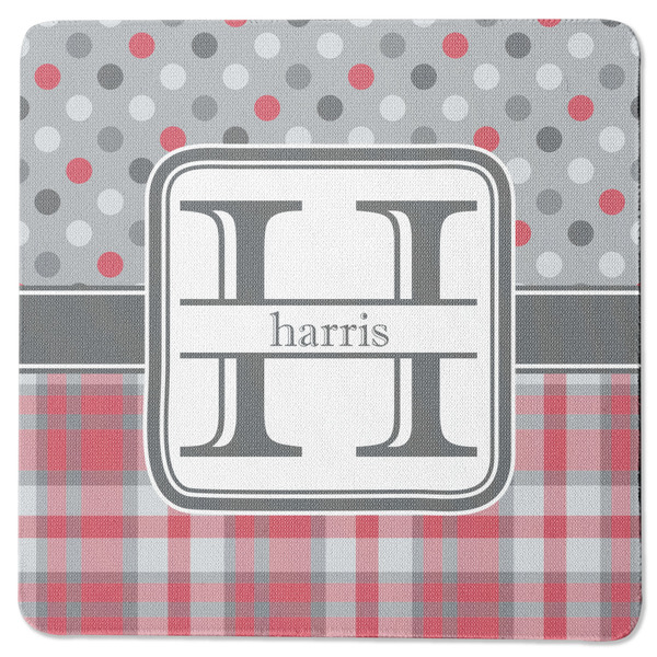 Custom Red & Gray Dots and Plaid Square Rubber Backed Coaster (Personalized)