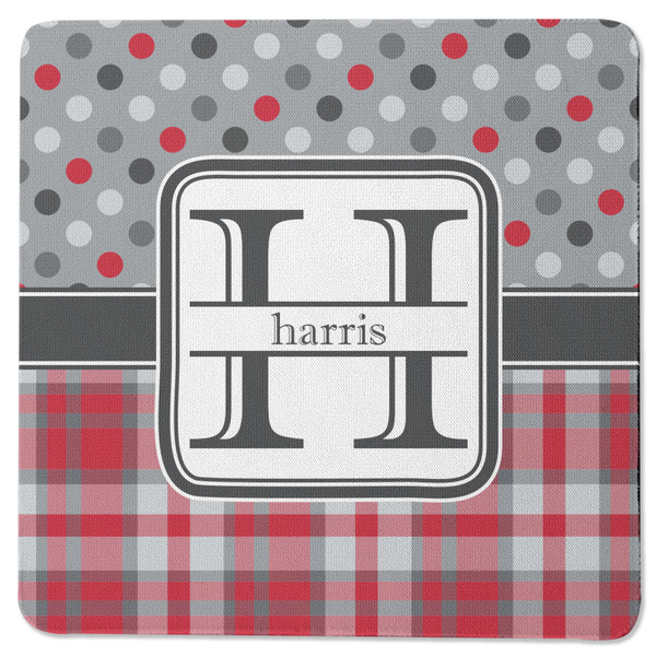 Red & Gray Dots and Plaid Square Coaster Rubber Back - Single