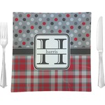 Red & Gray Dots and Plaid 9.5" Glass Square Lunch / Dinner Plate- Single or Set of 4 (Personalized)