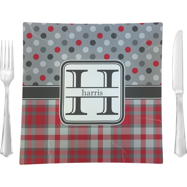Custom Red & Gray Dots and Plaid 9.5" Glass Square Lunch / Dinner Plate- Single or Set of 4 (Personalized)