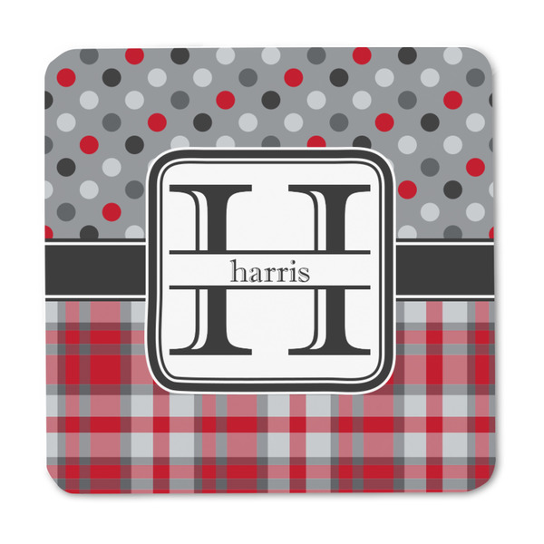 Red & Gray Dots and Plaid Square Fridge Magnet - FRONT