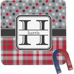 Red & Gray Dots and Plaid Square Fridge Magnet (Personalized)