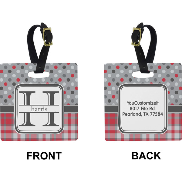 Red & Gray Dots and Plaid Square Luggage Tag (Front + Back)