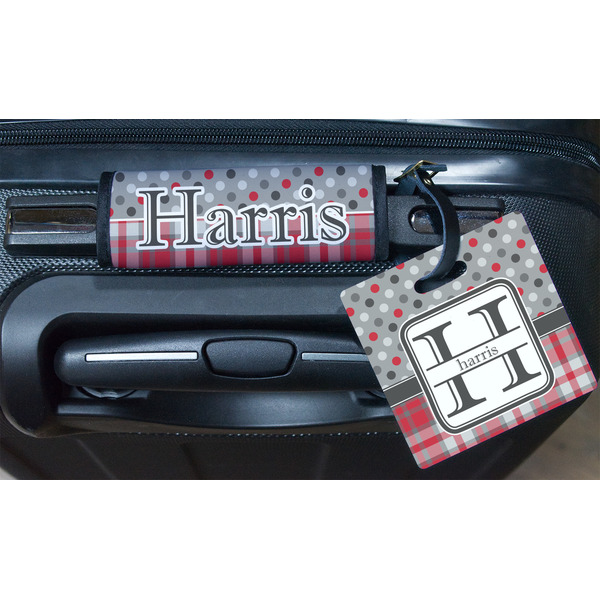 Red & Gray Dots and Plaid Square Luggage Tag & Handle Wrap - In Context