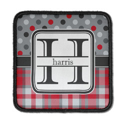 Red & Gray Dots and Plaid Iron On Square Patch w/ Name and Initial