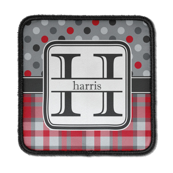 Custom Red & Gray Dots and Plaid Iron On Square Patch w/ Name and Initial