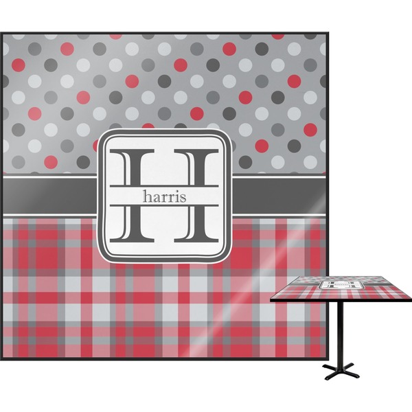 Custom Red & Gray Dots and Plaid Square Table Top - 30" (Personalized)
